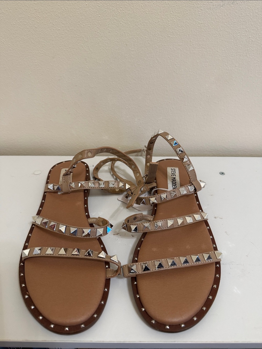 Steve Madden Beige Pyramid-Stud Strappy Sandals